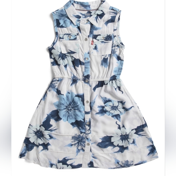 🔹️Levi's🔹️ Little Girl Button Down Blue/white  Floral Kids Dress - Picture 1 of 3
